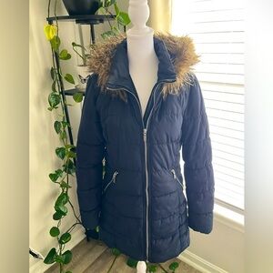 H&M Women's Navy Puffer Jacket with Faux Fur Trim